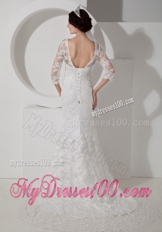 V-neck Mermaid Lace Brush Train Wedding Gowns with 1 2 Sleeves