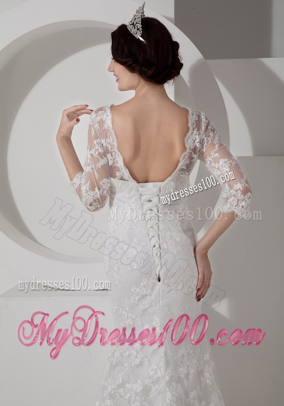 V-neck Mermaid Lace Brush Train Wedding Gowns with 1 2 Sleeves