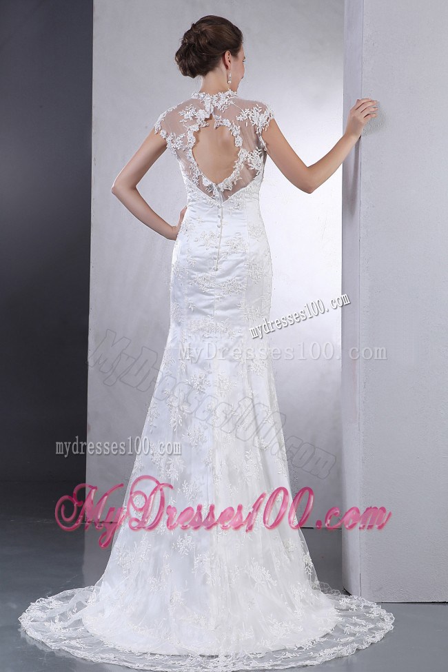 Column Sweetheart Brush Lace Wedding Dresses with the Back Cut Out