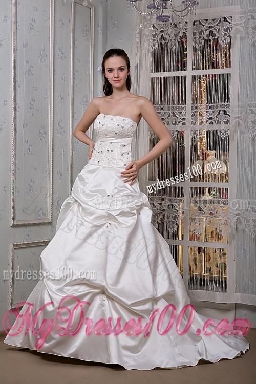 Strapless Beading Appliques Pick-ups Brush Train Dresses for Wedding