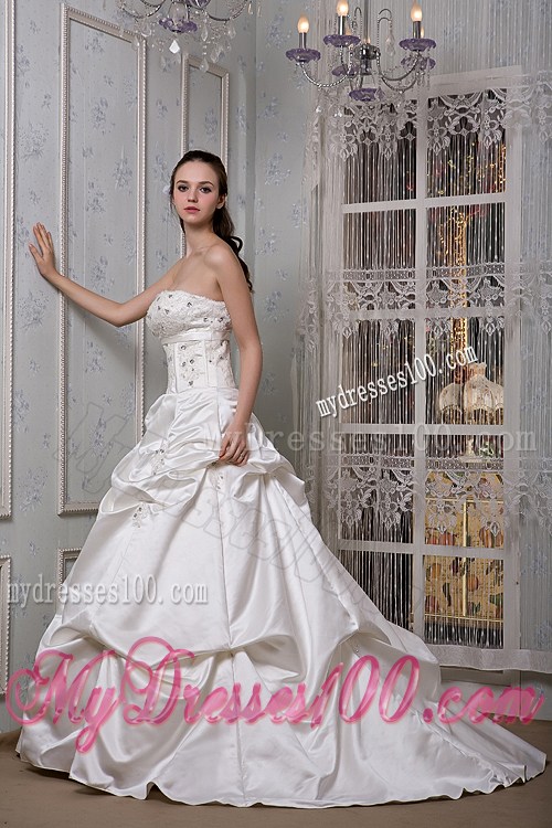 Strapless Beading Appliques Pick-ups Brush Train Dresses for Wedding