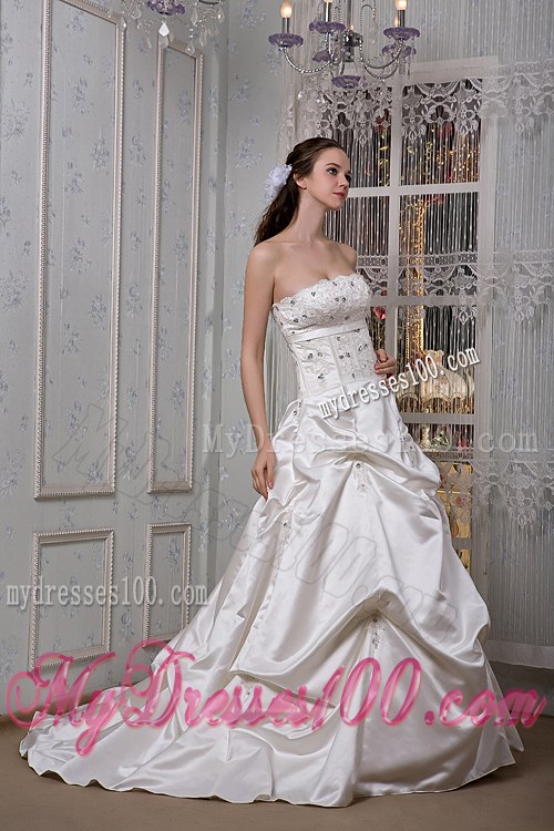 Strapless Beading Appliques Pick-ups Brush Train Dresses for Wedding