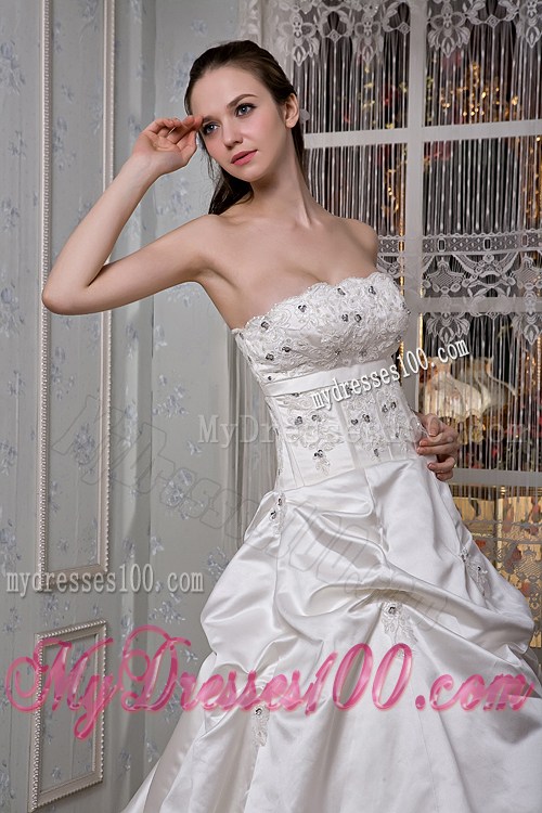 Strapless Beading Appliques Pick-ups Brush Train Dresses for Wedding