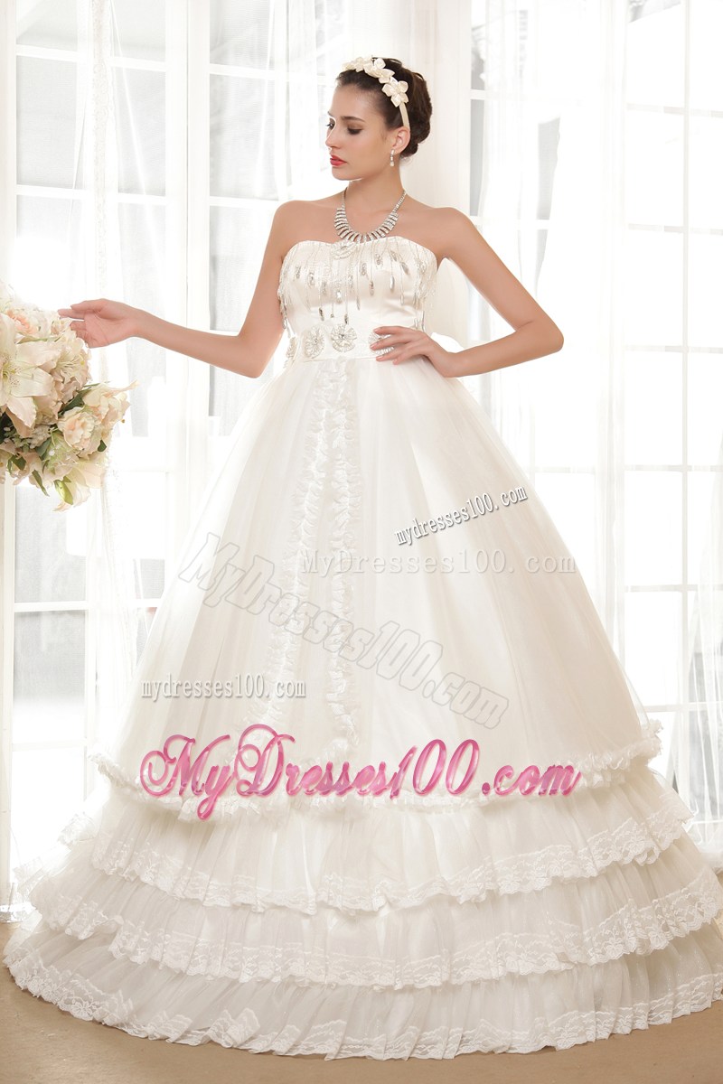 Ruche Strapless Floor Length Beaded White Wedding Gown Ruffle Layers