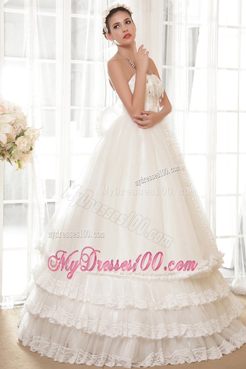 Ruche Strapless Floor Length Beaded White Wedding Gown Ruffle Layers