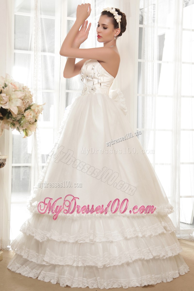 Ruche Strapless Floor Length Beaded White Wedding Gown Ruffle Layers