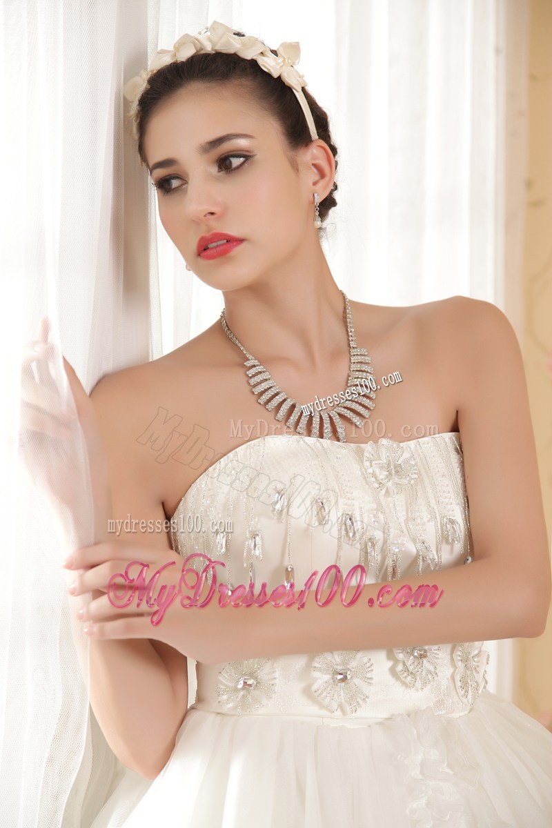 Ruche Strapless Floor Length Beaded White Wedding Gown Ruffle Layers