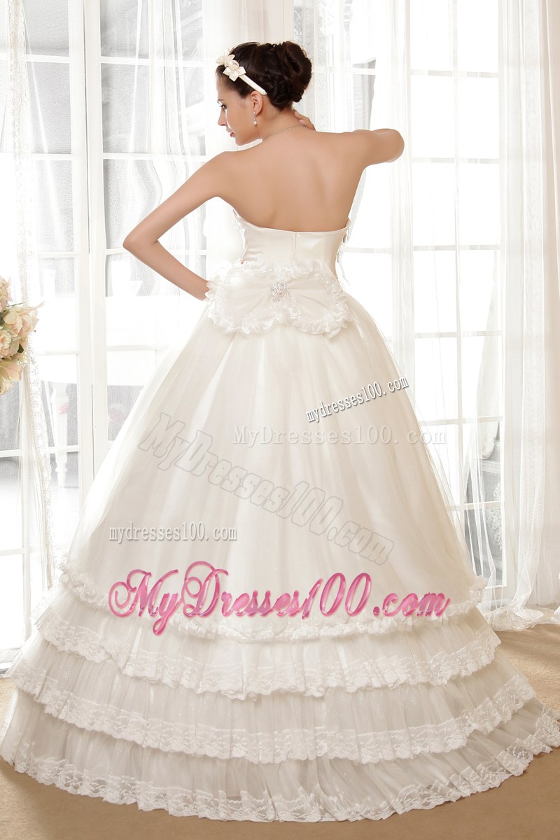 Ruche Strapless Floor Length Beaded White Wedding Gown Ruffle Layers