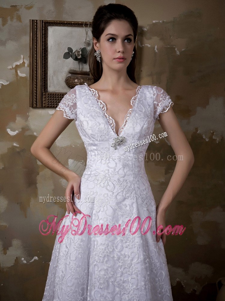 Plunging V-neck Short Sleeve Brush Train White Lace Wedding Dress