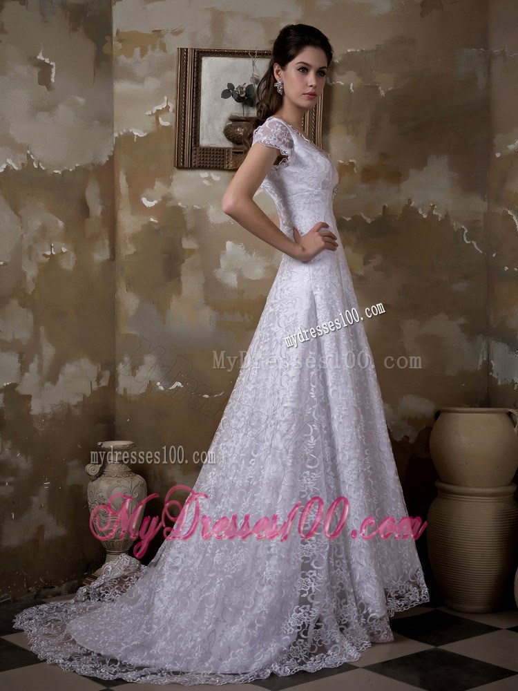 Plunging V-neck Short Sleeve Brush Train White Lace Wedding Dress