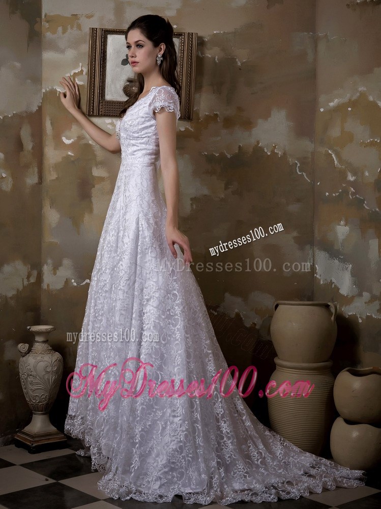 Plunging V-neck Short Sleeve Brush Train White Lace Wedding Dress