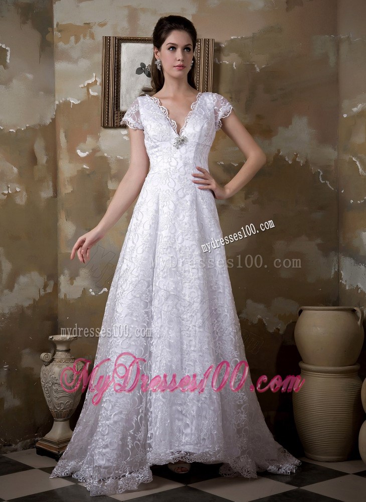 Plunging V-neck Short Sleeve Brush Train White Lace Wedding Dress