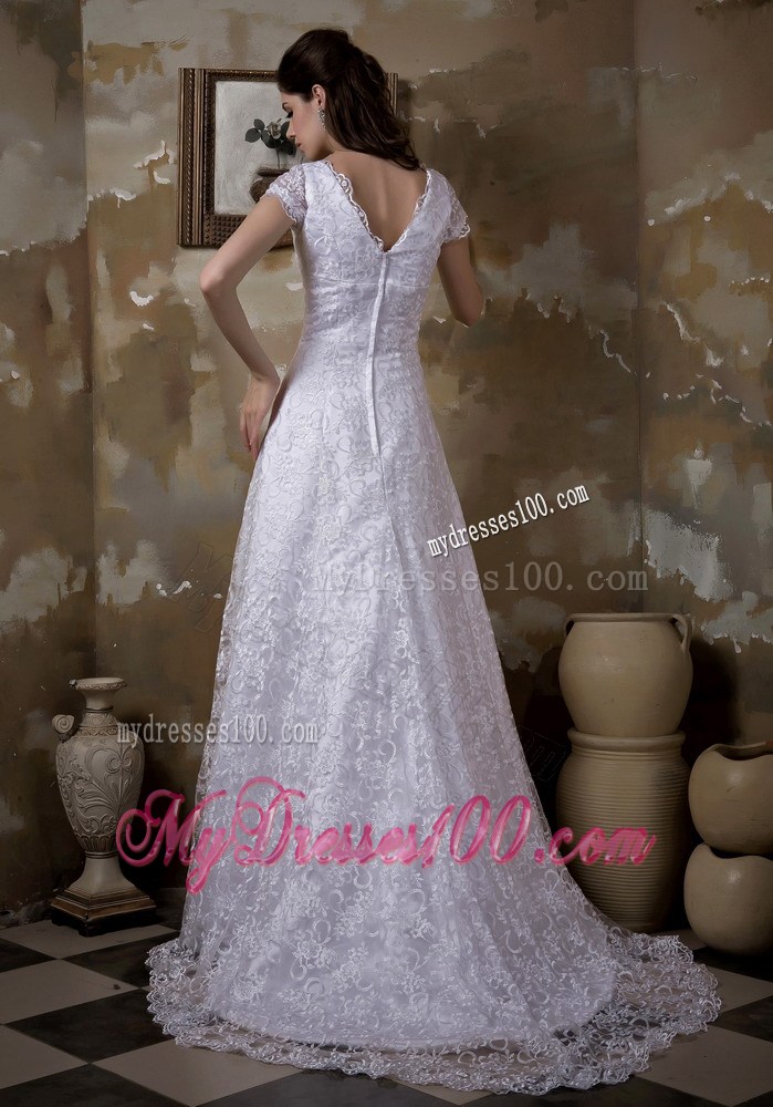 Plunging V-neck Short Sleeve Brush Train White Lace Wedding Dress