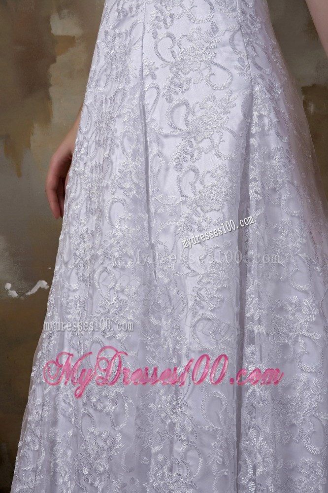 Plunging V-neck Short Sleeve Brush Train White Lace Wedding Dress