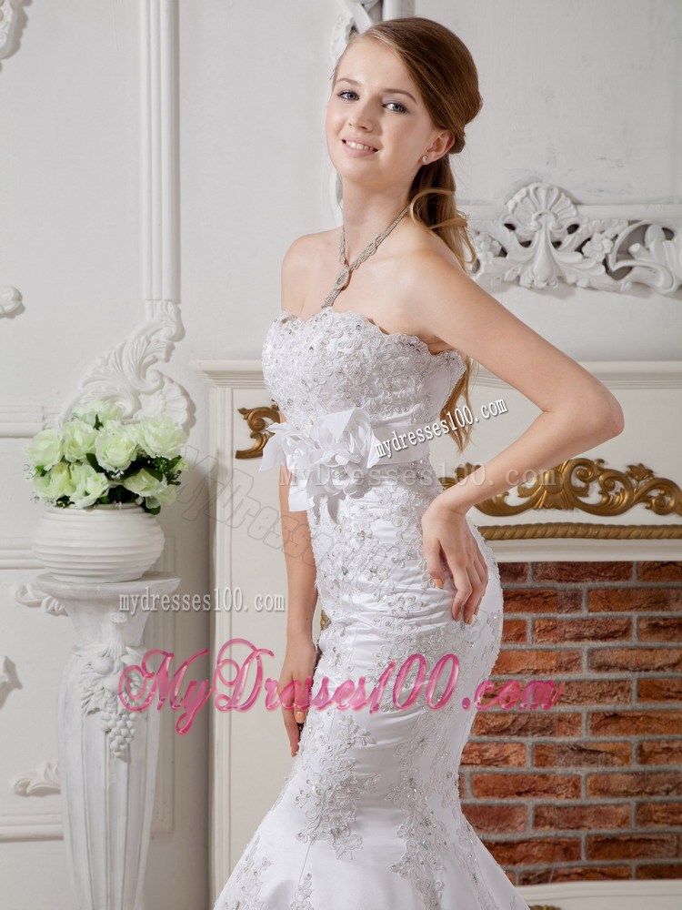 Lace Flowers Court Train Bridal Dress with Hand Made Flowers Sash