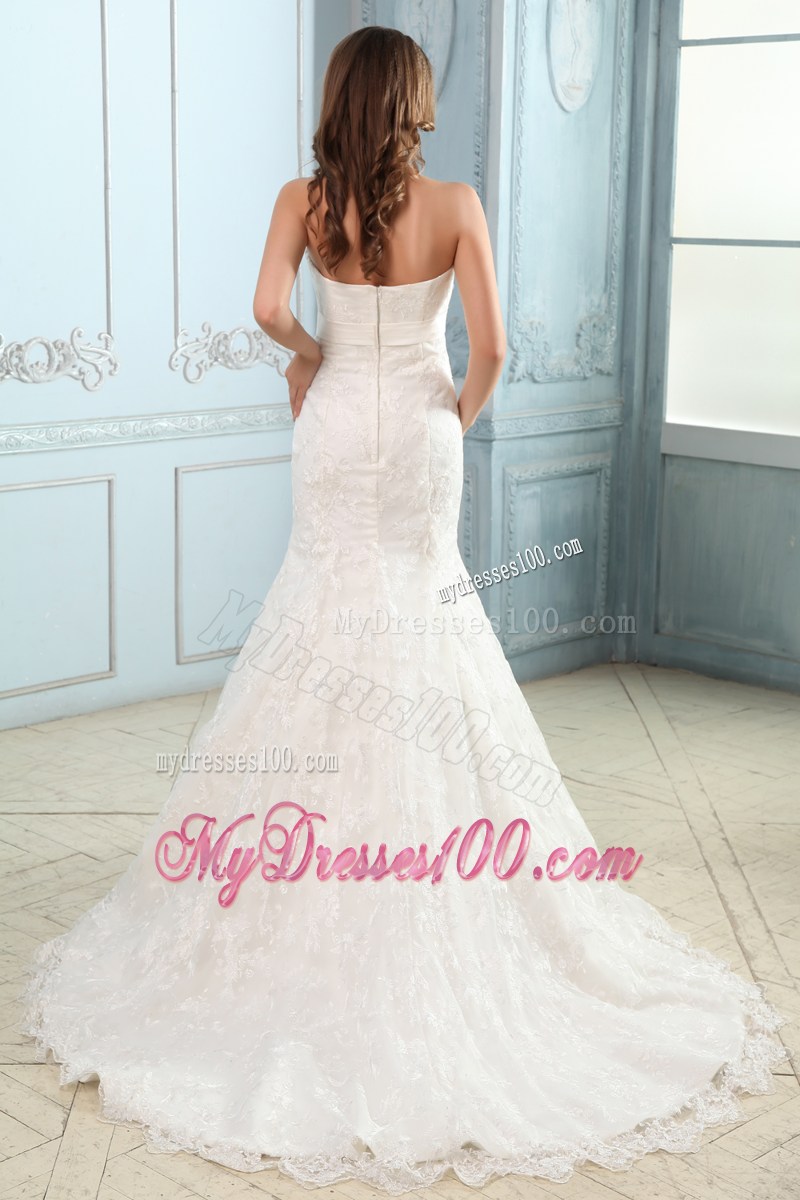Bowknot Belt Accent Mermaid Strapless Wedding Dress Court Train