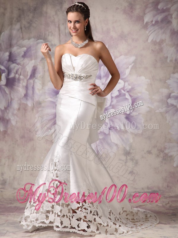 Beading and Bow Accent Court Wedding Gown with Hollowed-Out Hemline