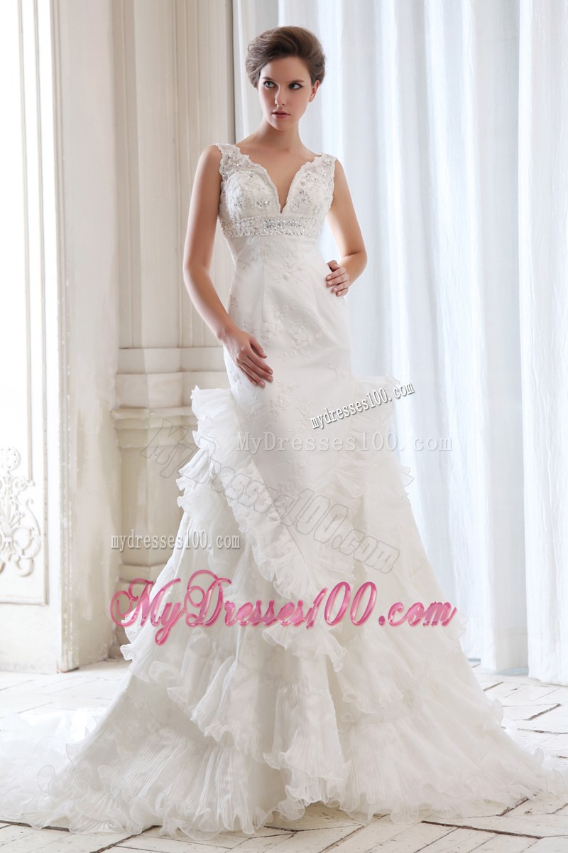 Mermaid V-neck Court Train Beading and Appliques Wedding Dress