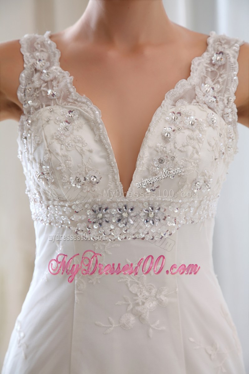 Mermaid V-neck Court Train Beading and Appliques Wedding Dress