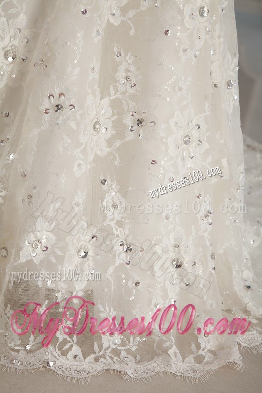 Luxurious Trumpet Strapless Court Train Lace Beading Bridal Dress
