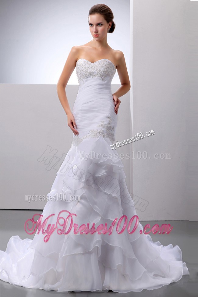Diamonds Appliques and Ruching Layers Trumpet Wedding Dress