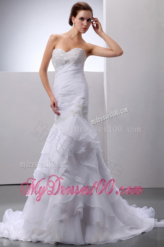 Diamonds Appliques and Ruching Layers Trumpet Wedding Dress