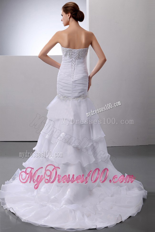 Diamonds Appliques and Ruching Layers Trumpet Wedding Dress