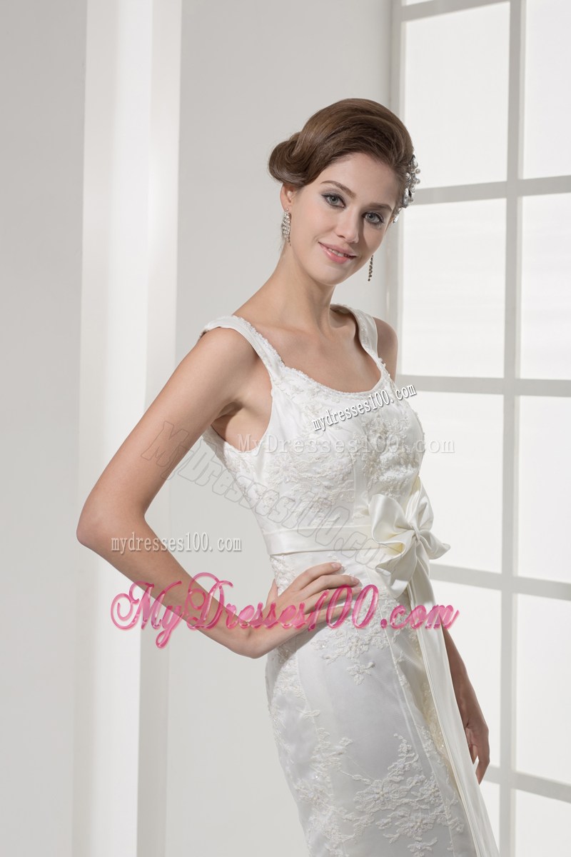 White Lace and Satin Mermaid Court Train with Beading and Bowknot