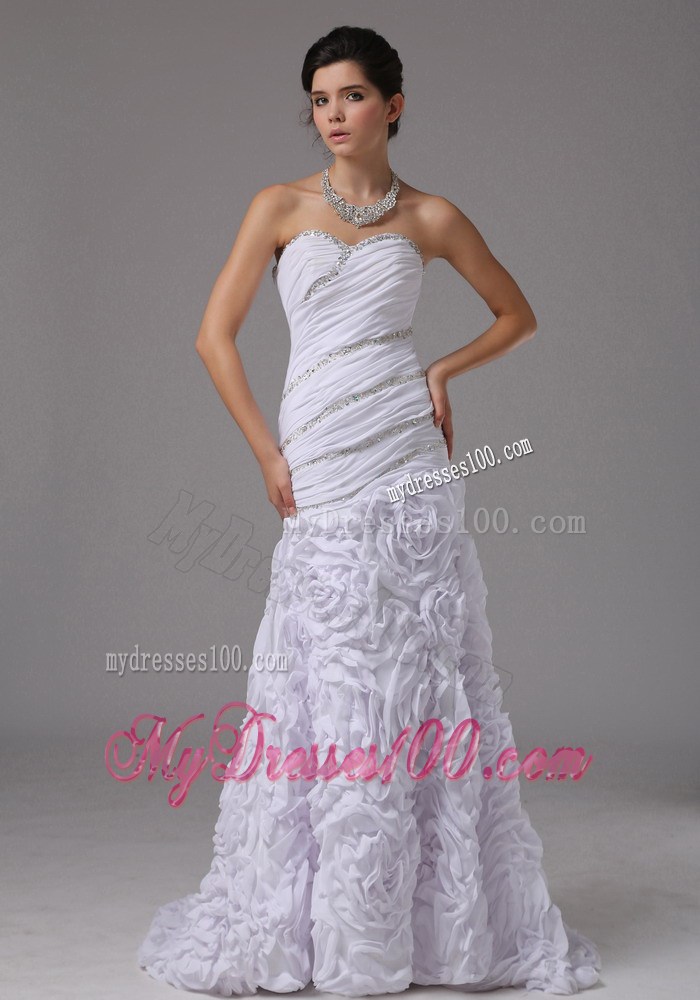 Luxurious Rolling Flowers Ruching and Diamonds Sweep Train Wedding Dress