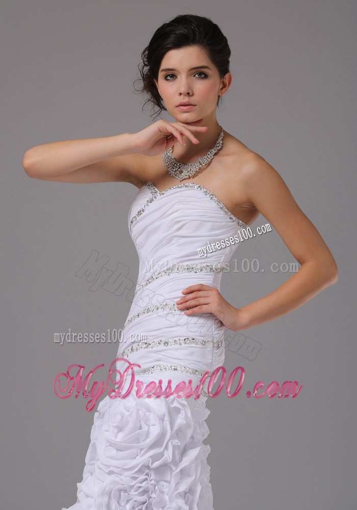 Luxurious Rolling Flowers Ruching and Diamonds Sweep Train Wedding Dress
