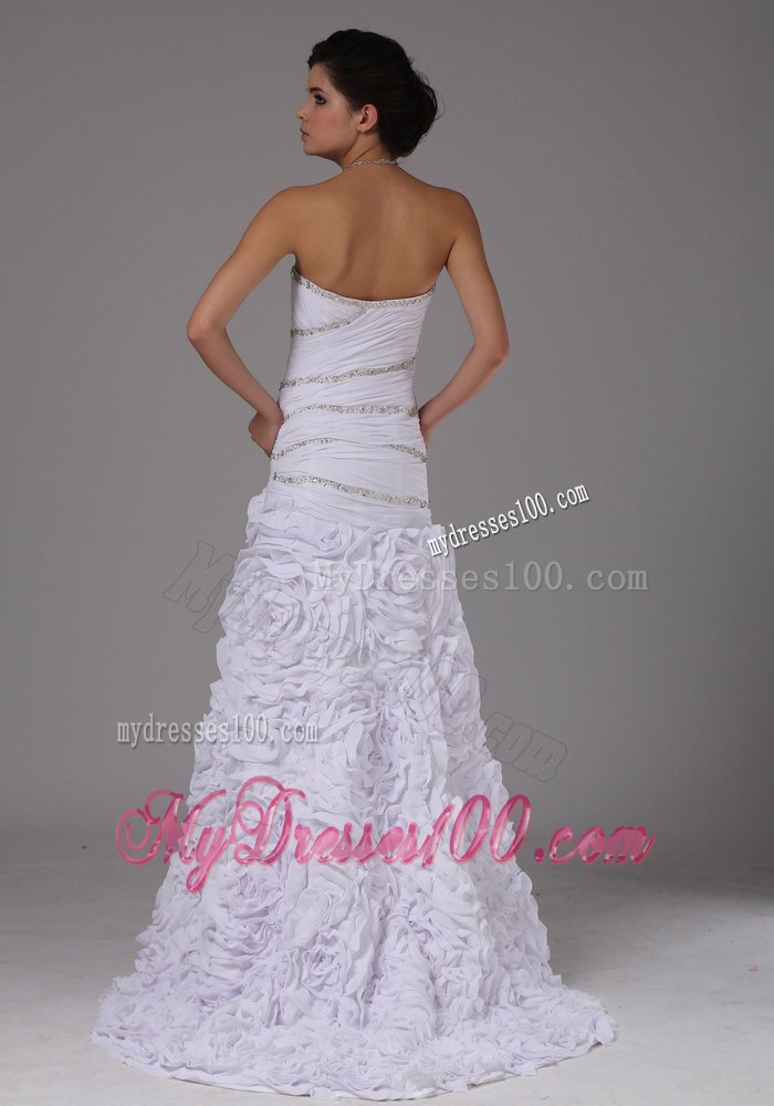 Luxurious Rolling Flowers Ruching and Diamonds Sweep Train Wedding Dress