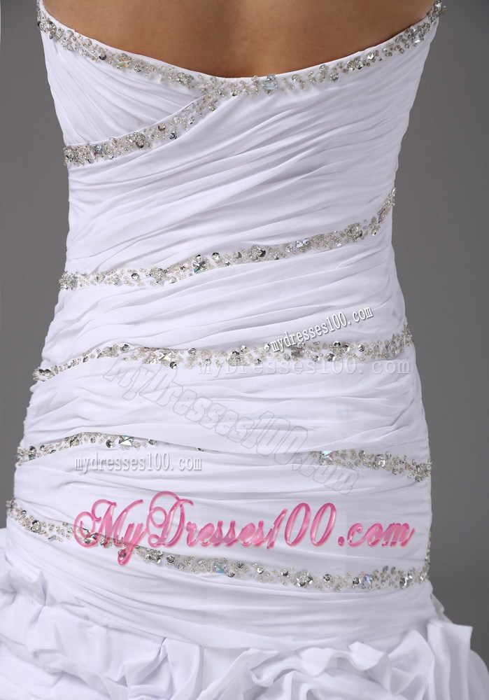Luxurious Rolling Flowers Ruching and Diamonds Sweep Train Wedding Dress