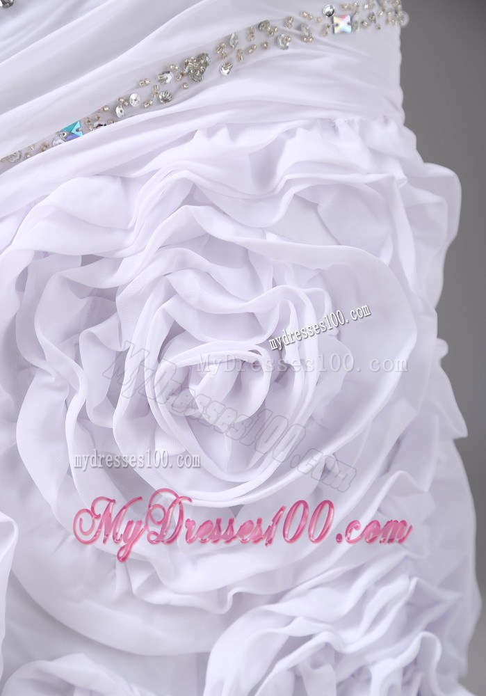 Luxurious Rolling Flowers Ruching and Diamonds Sweep Train Wedding Dress