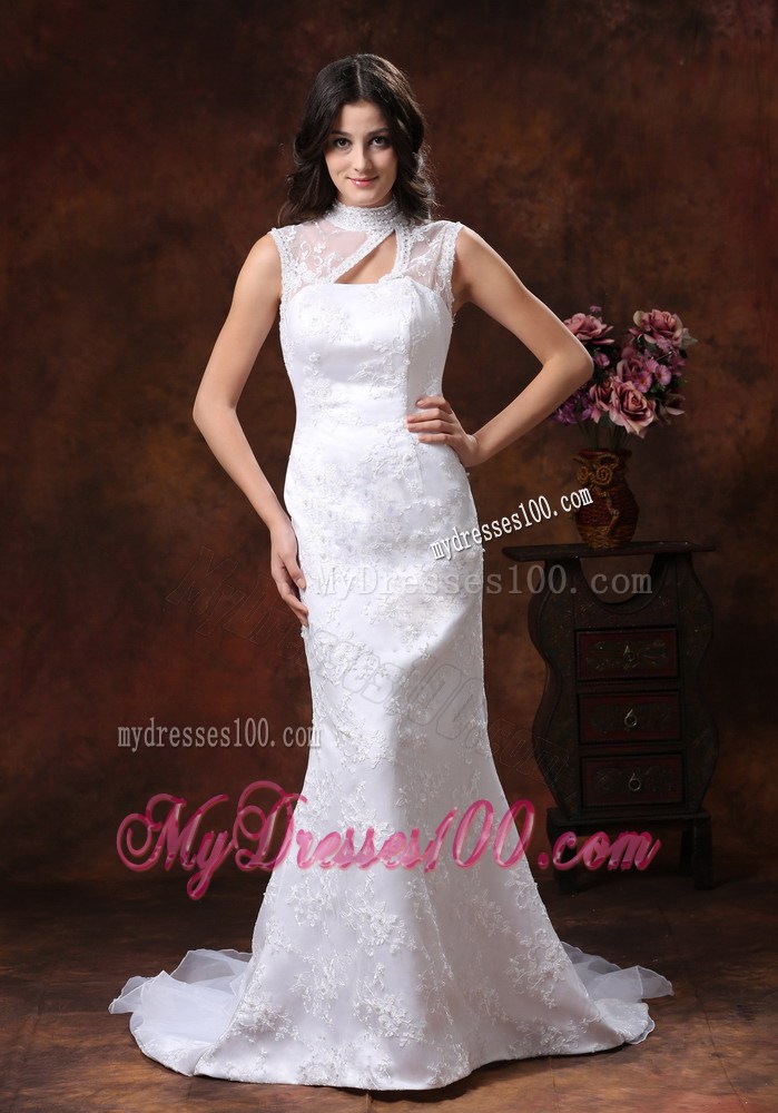 Sheer High Neck Trumpet Brush Train Wedding Gowns with Transparent Back