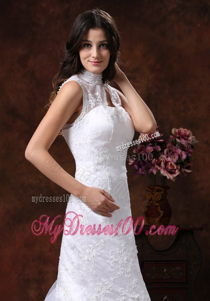 Sheer High Neck Trumpet Brush Train Wedding Gowns with Transparent Back