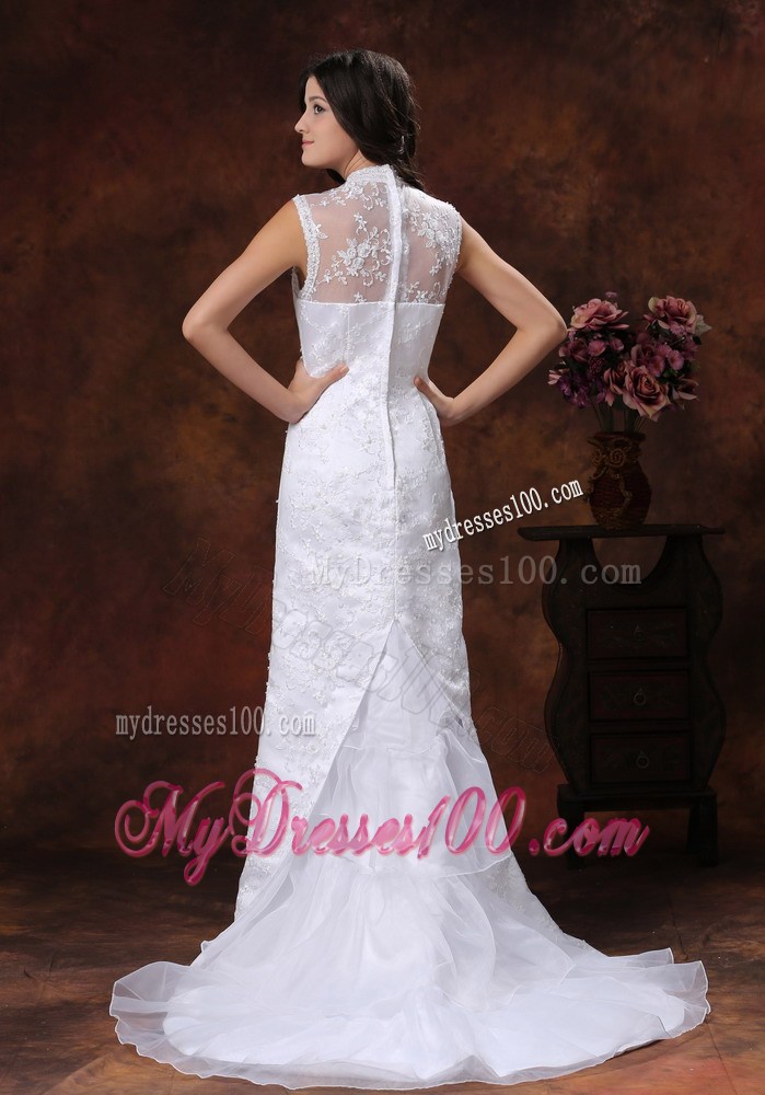 Sheer High Neck Trumpet Brush Train Wedding Gowns with Transparent Back