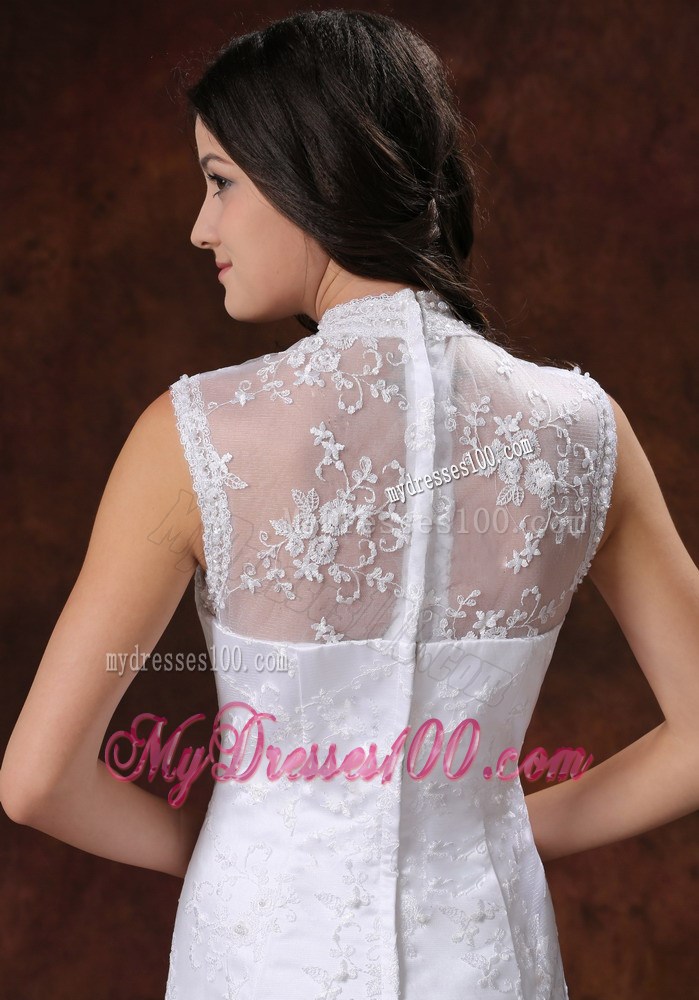 Sheer High Neck Trumpet Brush Train Wedding Gowns with Transparent Back