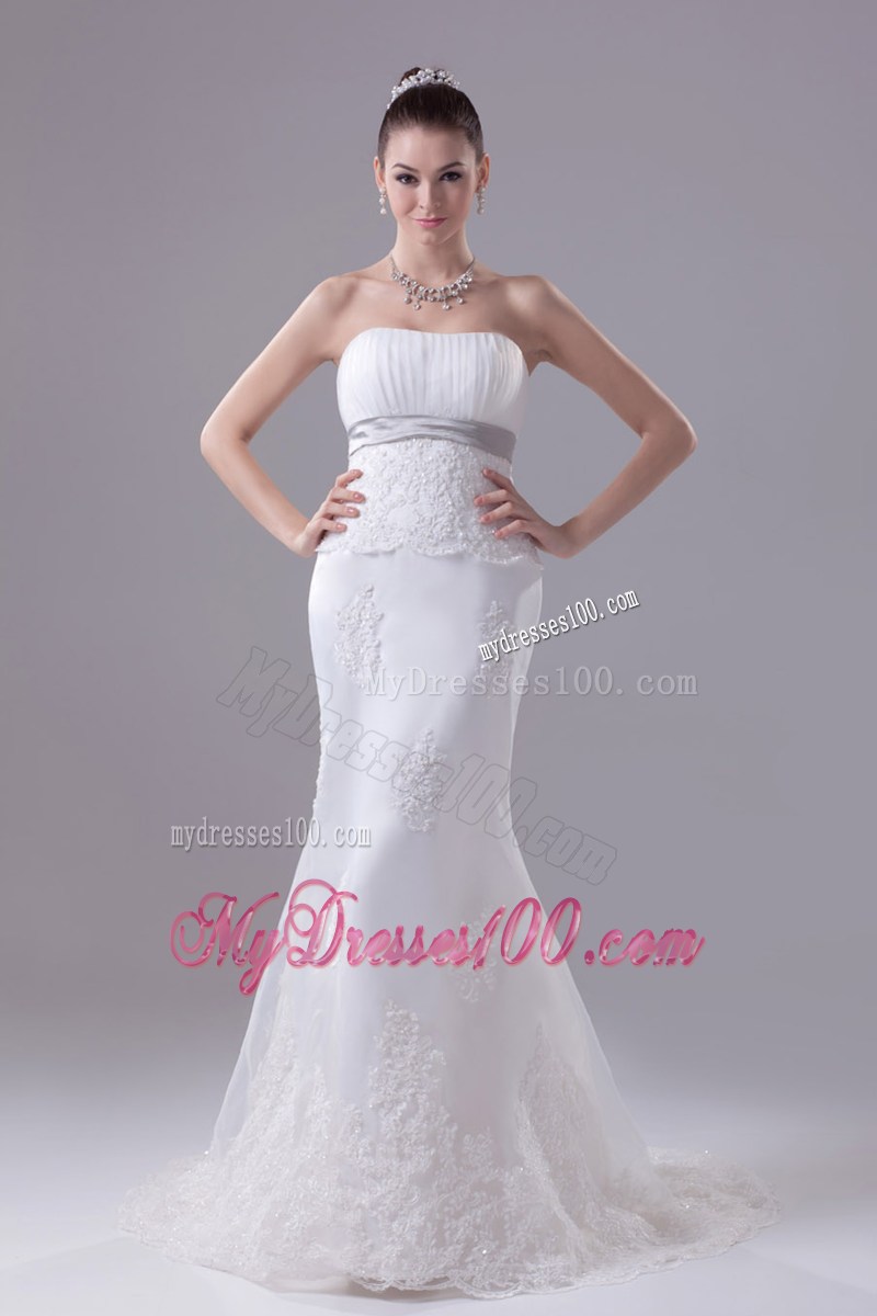 White Mermaid Strapless Brush Train Tulle Wedding Dress with Appliques