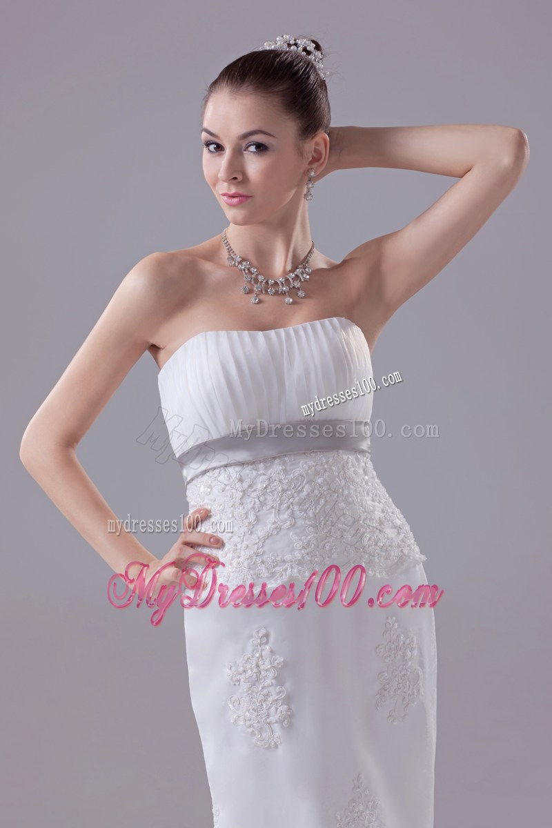 White Mermaid Strapless Brush Train Tulle Wedding Dress with Appliques