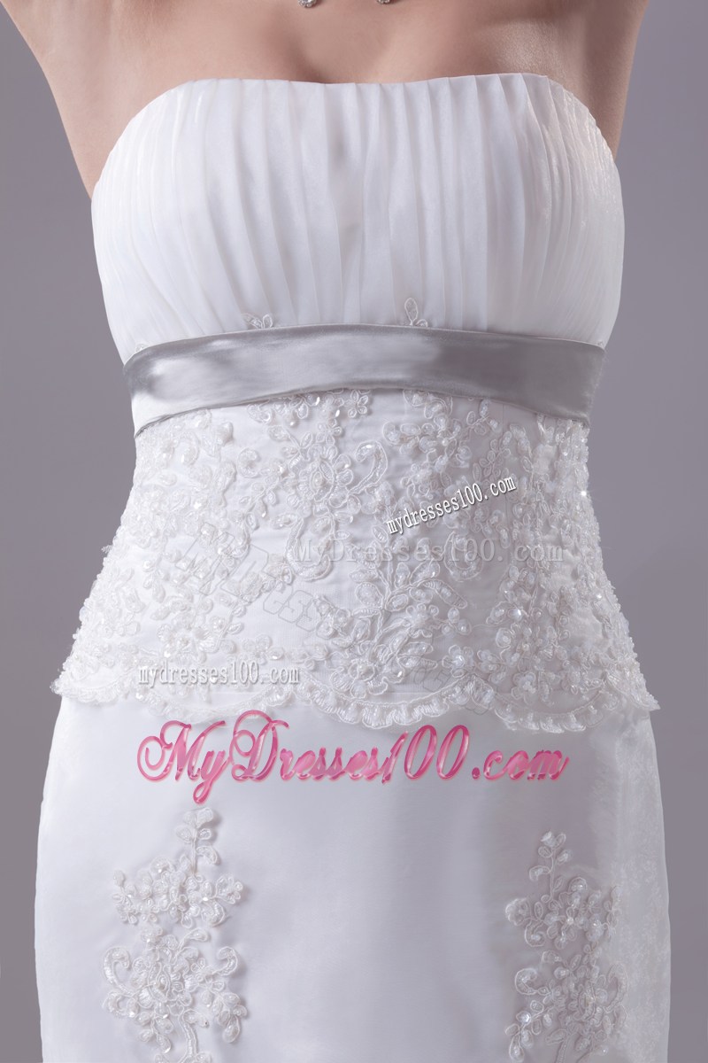 White Mermaid Strapless Brush Train Tulle Wedding Dress with Appliques