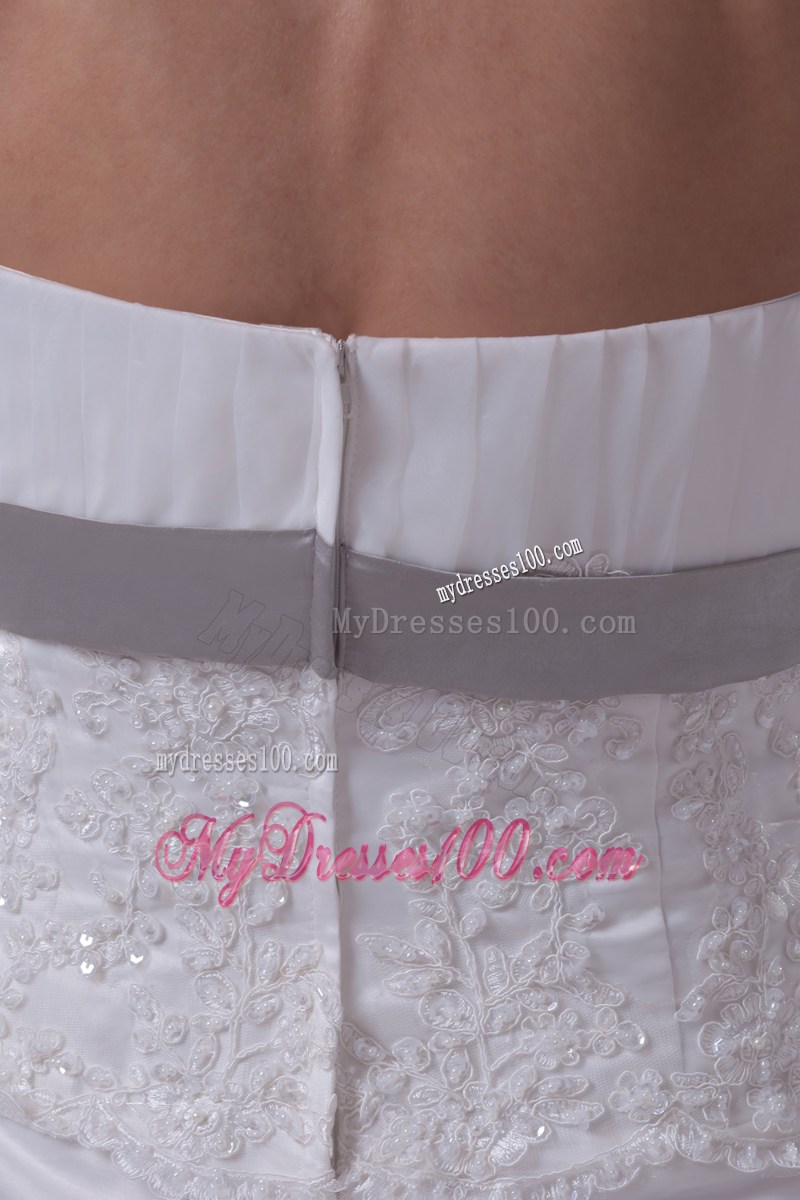 White Mermaid Strapless Brush Train Tulle Wedding Dress with Appliques