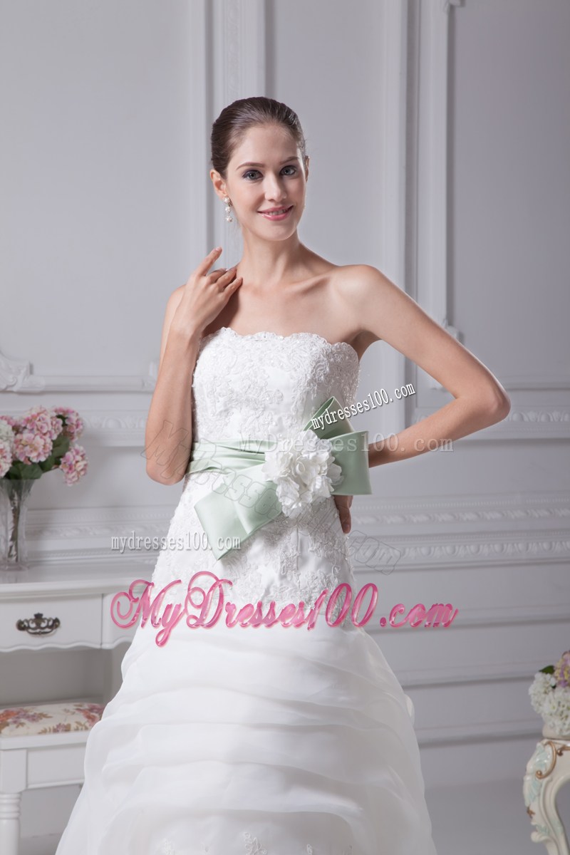 White Organza Mermaid Chapel Train Wedding Gown with Lace and Sash