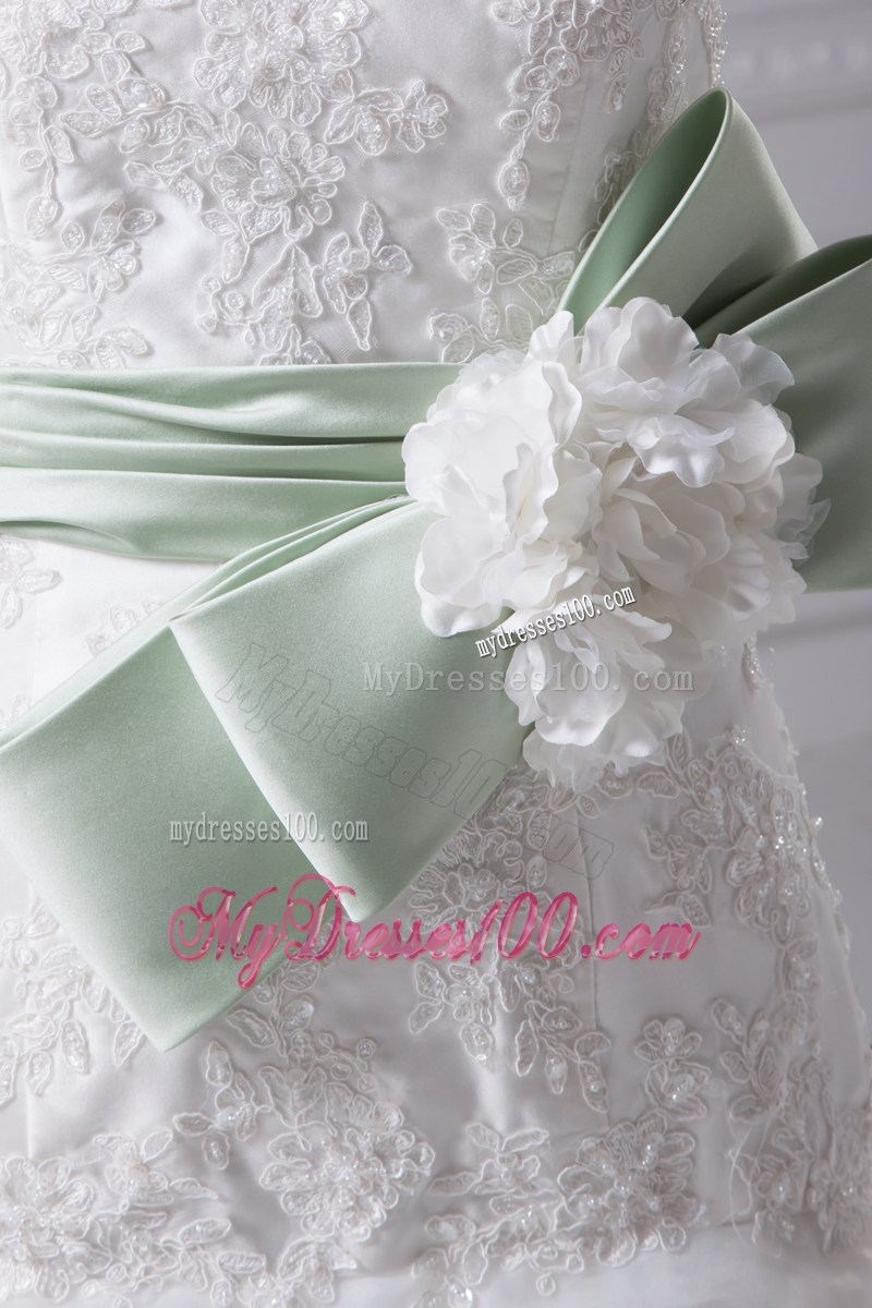 White Organza Mermaid Chapel Train Wedding Gown with Lace and Sash