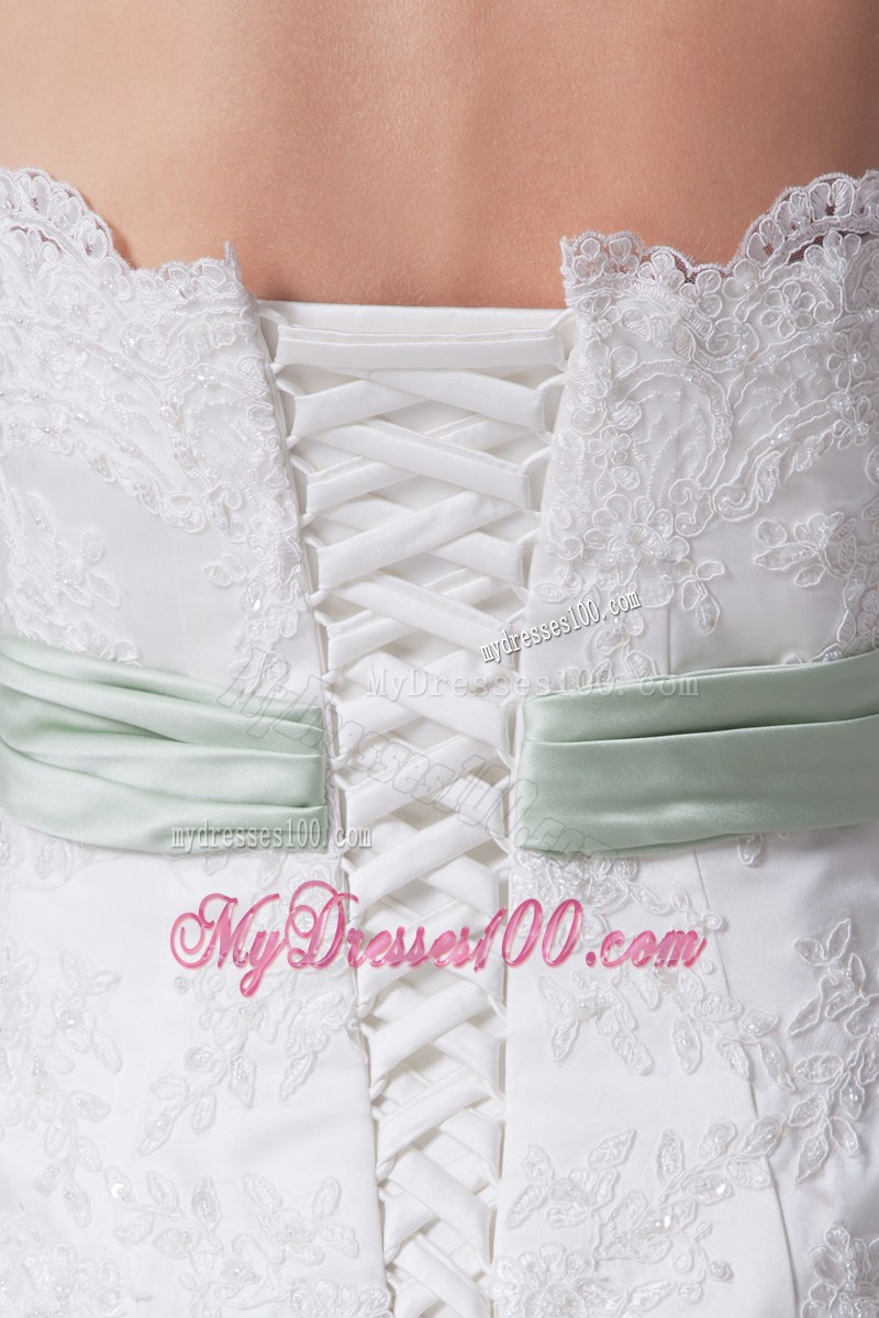 White Organza Mermaid Chapel Train Wedding Gown with Lace and Sash