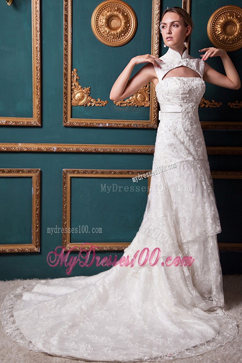Hollow Out High Neck Lace Flowers Wedding Dresses with Bowknot