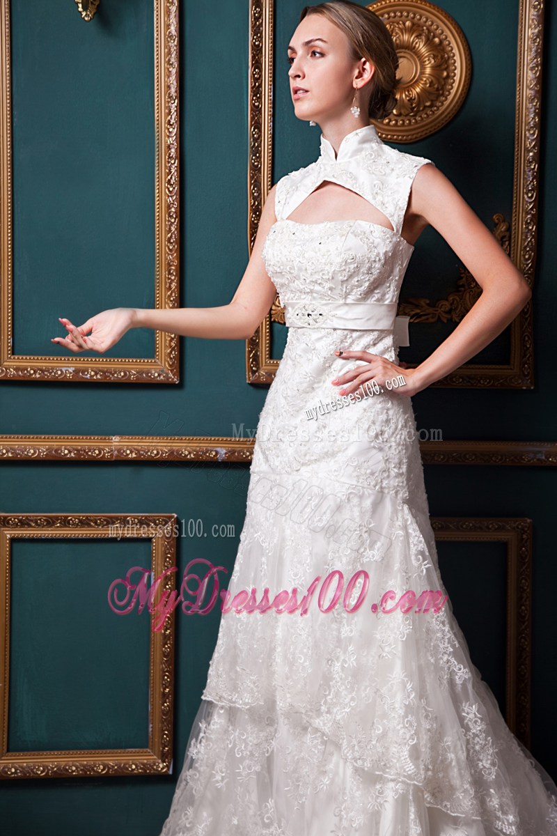 Hollow Out High Neck Lace Flowers Wedding Dresses with Bowknot
