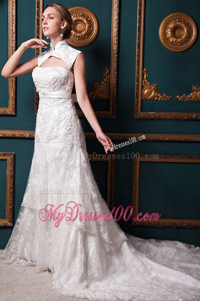 Hollow Out High Neck Lace Flowers Wedding Dresses with Bowknot