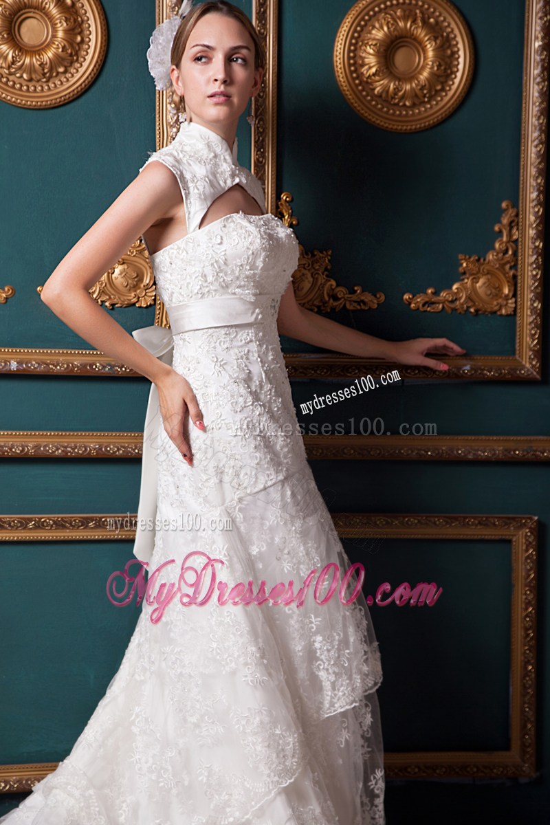 Hollow Out High Neck Lace Flowers Wedding Dresses with Bowknot