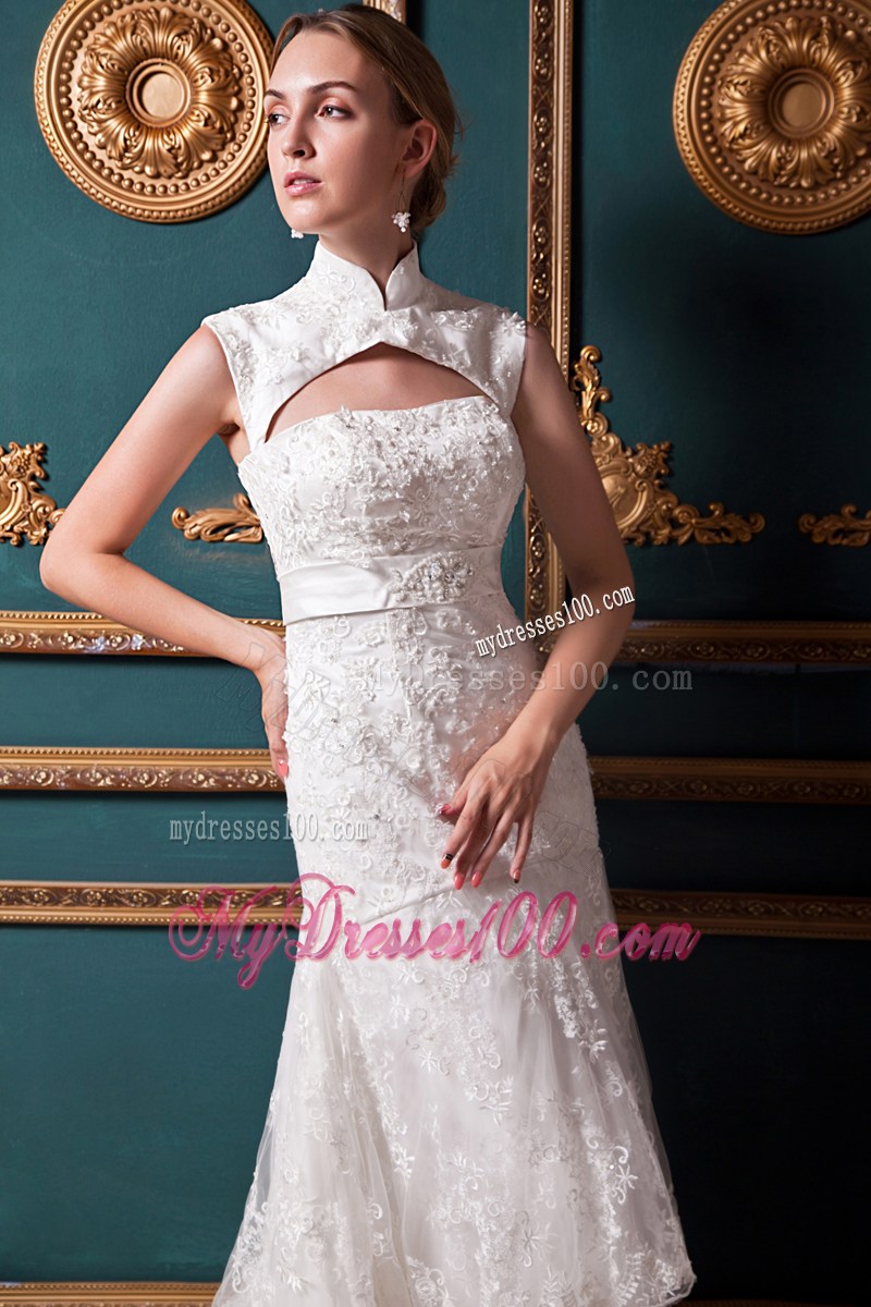 Hollow Out High Neck Lace Flowers Wedding Dresses with Bowknot
