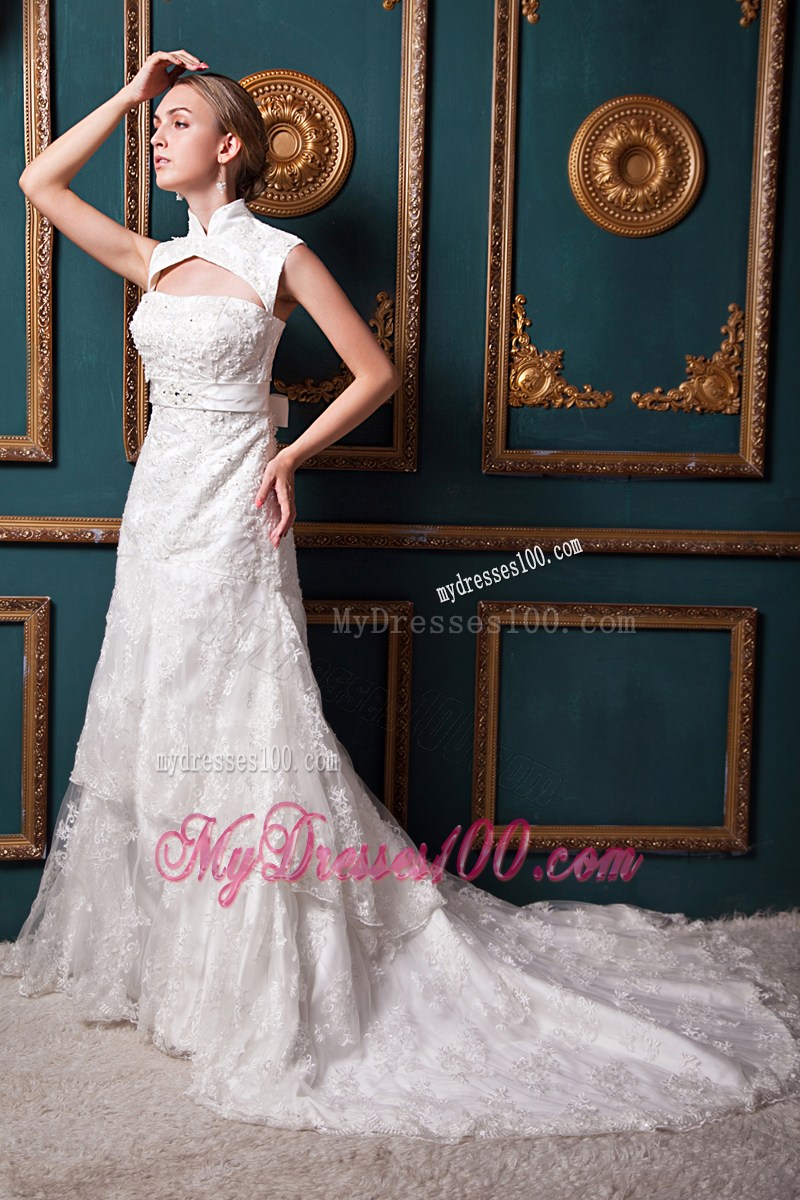 Hollow Out High Neck Lace Flowers Wedding Dresses with Bowknot